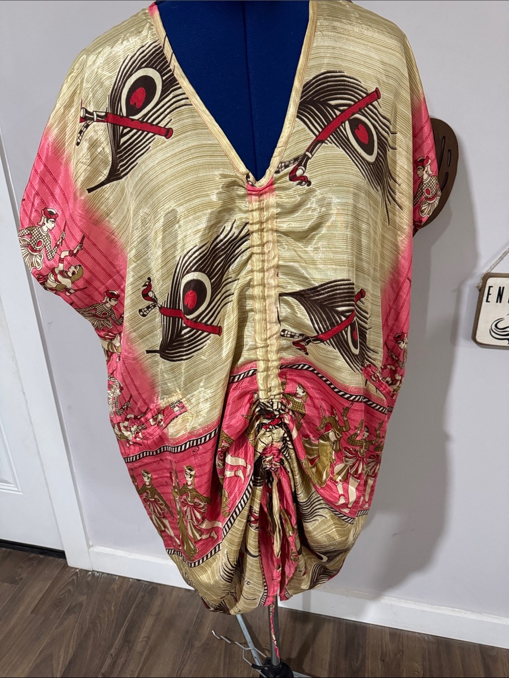 Ruched V-Neck Pink & Gold Printed Tunic Top